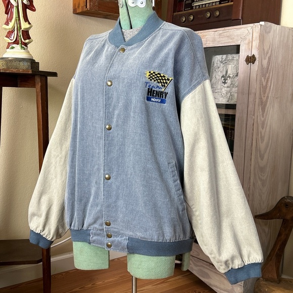 Holloway Other - Vintage 90s Denim Bomber Racing Varsity Jacket Beige Sleeves Snap Buttons Retro